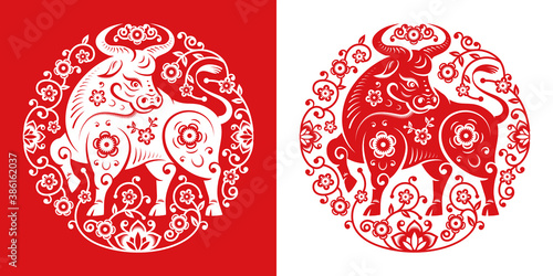 CNY 2021 Metal ox symbol in papercut flower circle, white and red. Vector bull, zodiac sign Chinese New Year mascot, horned animal in oriental calendar, greeting card design. Peony blossoms around ox