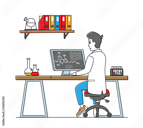Male Scientist Work on Pc in Laboratory. Chemistry Science, Pharmaceutical Research Concept. Man Conducting Experiment