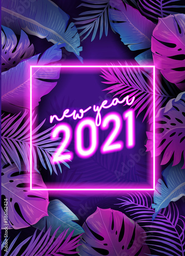 New Year neon tropic design, Disco tropical party vector poster, Christmas summer holiday flyer