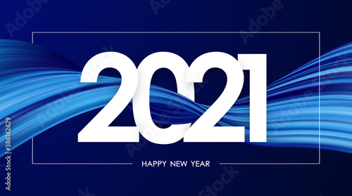 Happy New Year 2021. Greeting card with colorful twisted paint stroke shape. Trendy design