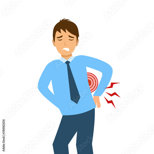 Low back pain concept vector illustration on white background. Businessman suffering from backache. Office syndrome.