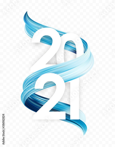 Happy New Year. Number of 2021 with blue abstract paint stroke shape. Trendy design