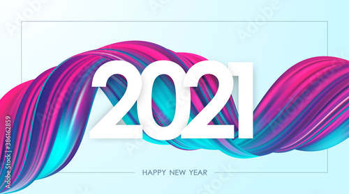 Happy New Year 2021. Greeting card with neon colored twisted acrylic paint stroke shape. Trendy design