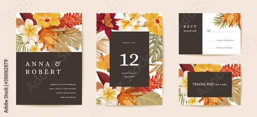 Boho wedding invitation card, vintage Save the Date dry tropical flowers, palm floral leaves template design