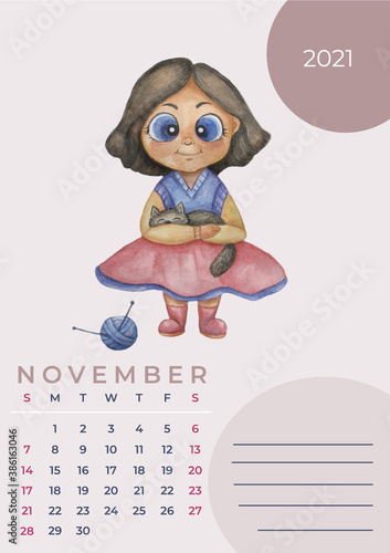 Calendar 2021 watercolor. Template for November. a cute brunette girl with a cat in her hands and ball of thread and knitting needles. Place for notes. Design planner  stationery  print. vertical A3 
