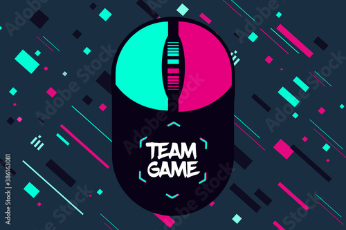 Game team emblem. Glitch style vector background. Cyber punk illustration. Virtual reality sport banner.