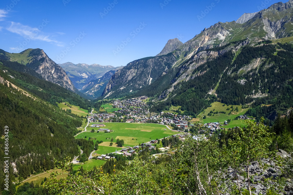 Pralognan la Vanoise town and mountains landscape in French alps Pralognan la Vanoise town and mountains landscape in French alps