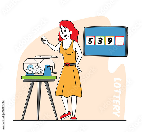 Female Character Pull Balls from Lottery Drum during Raffle. Game of Chance, Tv Show or Fortune Opportunity Concept