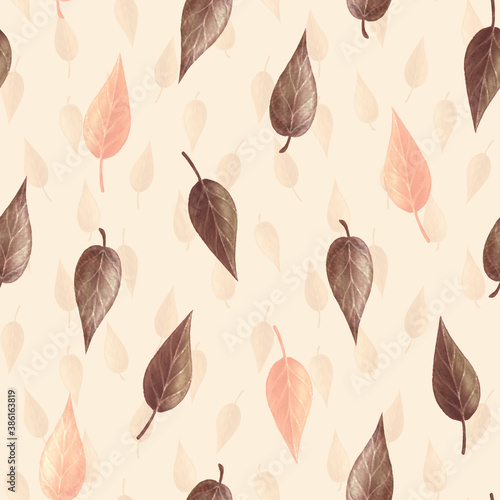 Cute brown and orange autumn leaves seamless pattern. Hand-drawn watercolor illustration. Perfect for wrapping paper  greeting cards  prints  textile  seasonal  holiday designs.