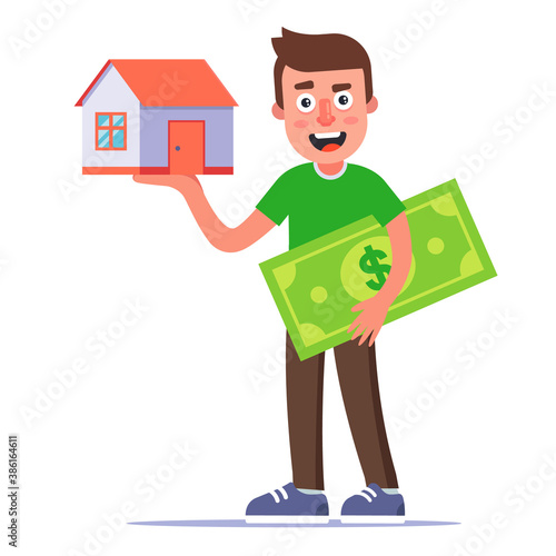 man buys a house. country house on the palm. Rental Property. flat vector illustration.