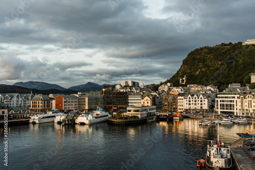 Ålesund old town port at fall evening, Norway