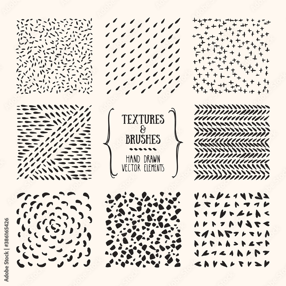 Hand drawn textures and brushes. Artistic collection of handcrafted design elements: rough graphic patterns, floral ornaments, abstract lines, tribal symbols made with ink. Isolated vector set.