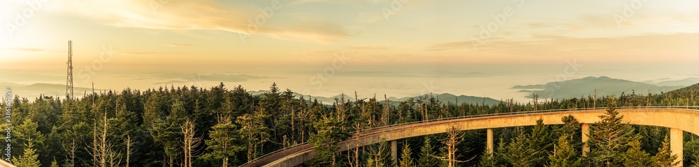 Panoram view on misty hills with concrele walk in smoky mountains at morning
