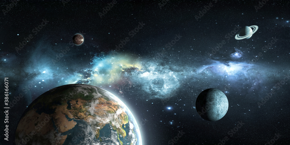 Earth and moon on the background of outer space with a beautiful nebula ...
