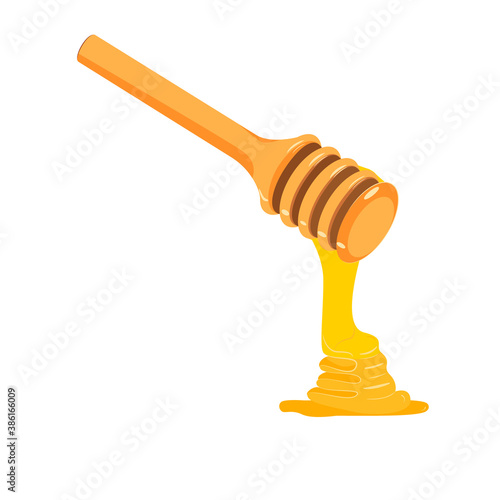 Glass jar of honey with a wooden spoon. with which honey drips