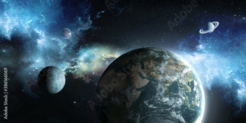 Fototapeta Naklejka Na Ścianę i Meble -  Earth and moon on the background of outer space with a beautiful nebula