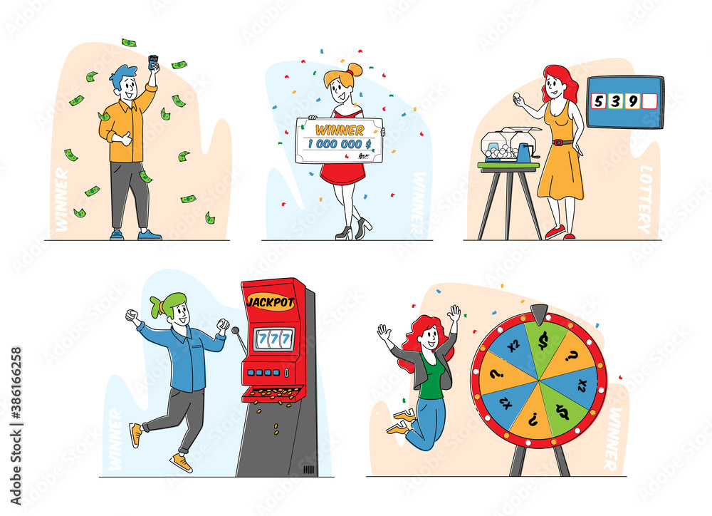 Fototapeta Set of Characters Gambling Game Winners, Financial Freedom Concept. Happy People Screaming Super Excited Get Jackpot