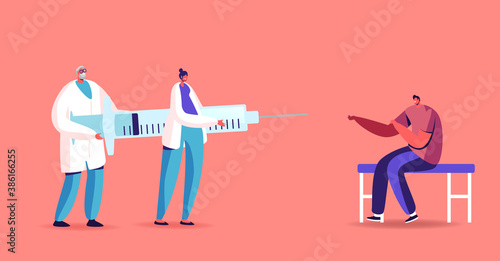 Injection or Vaccination Concept. Tiny Doctor Characters Holding Huge Syringe for Patient. Man Sitting in Medic Cabinet