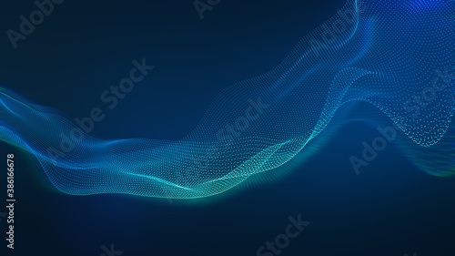 Tech blue background Abstract wave of fluid particles. matrix connection concept business.