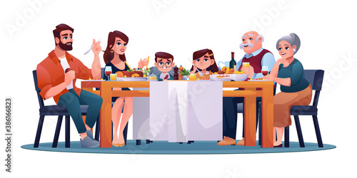 Family dinner, parents, grandparents and children at table enjoying food and drinks isolated. Vector big table with cooked meat, vegetables and wine. Son and daughter, man and woman, Christmas eve