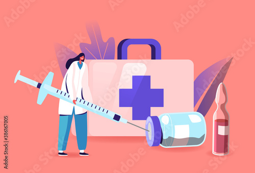 Medical Vaccination Concept. Female Doctor Character Filling Huge Syringe with Medicine for Vaccine Injection Dose Shot