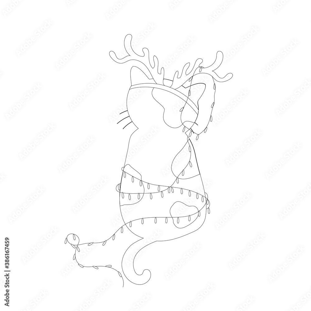 Fototapeta premium Merry Christmas. Cat on an isolated white background. Doodle. Coloring book for children and adults. The kitten is entangled in the garlands. Cute cat with deer horns.