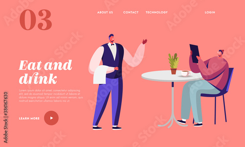 Hospitality Consumerism Landing Page Template. Young Man Ordering Food with Menu and Relaxing in Cafe. Waiter Take Order