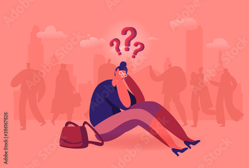 Female Lost in Crowd Concept, Frustrated Woman Sitting on Ground Surrounded with People in Big City, Social Problem