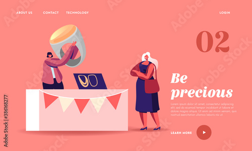 Female Character Choose Bijouterie on Market Landing Page Template. Woman Seller Hold Huge Ring with Amber at Booth
