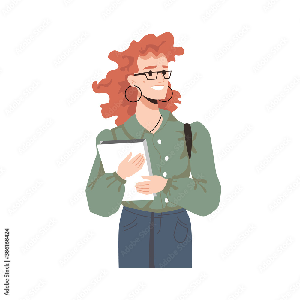 Smiling fashionable red-haired girl in glasses with curly hair, books in  hands isolated cartoon character. Vector adult female in earrings, college  or university student with bag and textbooks Stock Vector | Adobe