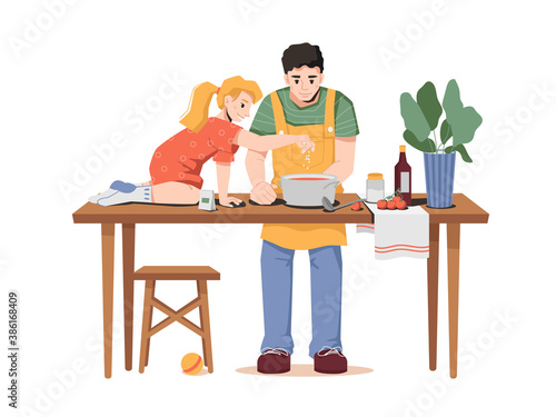 Daughter helps dad with cooking isolated father and little girl. Vector dad and small girl cooks borsch together, puts salt in soup, sitting on table. Tomatoes, sauce and plant in pot on desk
