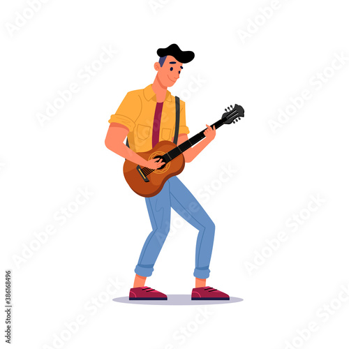 Guitarist playing guitar isolated man with stringed musical instrument. Vector male musician gives performance with electric string guitar, rock and roll singer hobby. Adult player in casual cloth