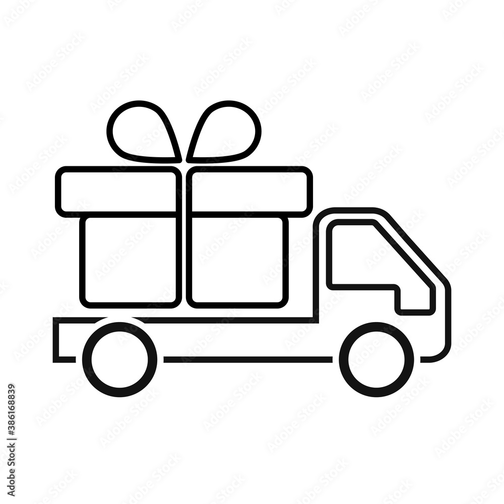 Delivery truck with gift box Icon. Vector flat style illustration isolated on white background. Vector Illustration. Delivery truck with gift box Icon. Vector flat style illustration isolated on white background. Vector Illustration.