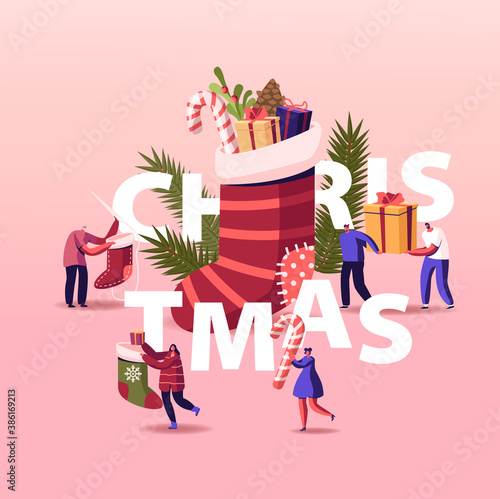 Happy Characters Celebrating Christmas Party Concept. Tiny People Dancing at Huge Sock with Gifts and Decorated Fir Tree