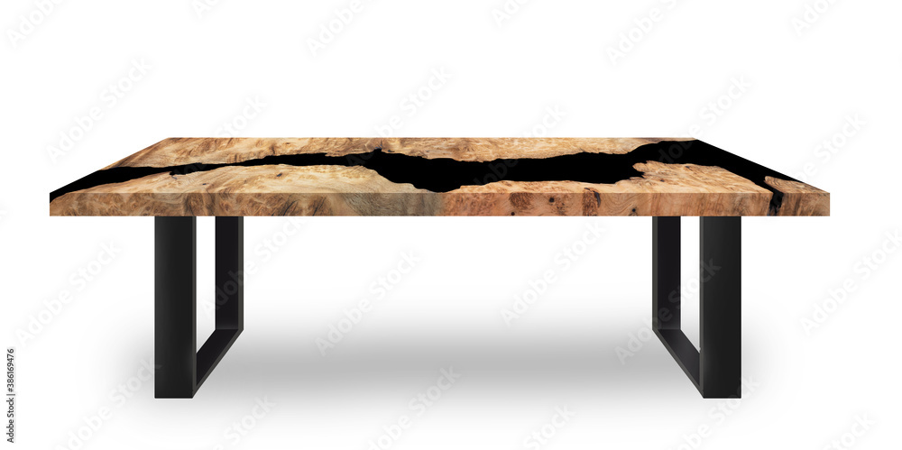 Table modern style made of casting epoxy resin maple burl wood on floor white background with clipping path Table modern style made of casting epoxy resin maple burl wood on floor white background with clipping path