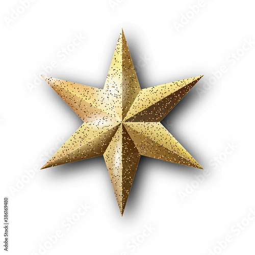 Gold glitter vector star with shadow. New Year decor element. Golden sparkle luxury design element. Shiny gold star Icon. Stock vector illustration isolated on white background.   