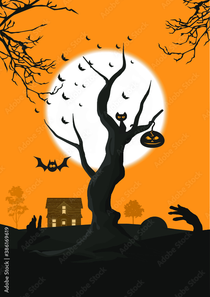 vector halloween background with tree, cat, haunted house, zombies, pumpkins and bats