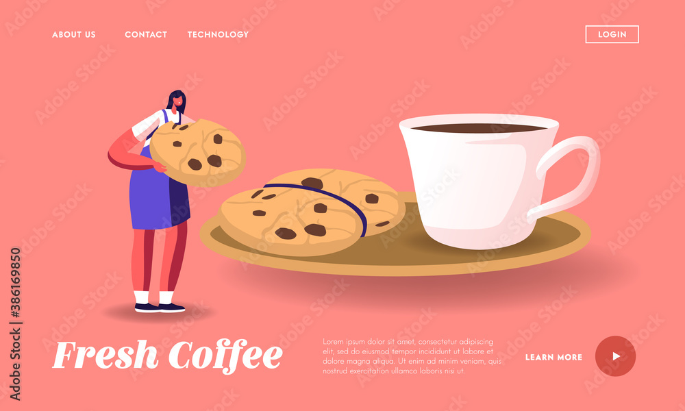 Morning Refreshment Landing Page Template. Tiny Female Character Eating Huge Cookie with Chocolate Sprinkles with Coffee - obrazy, fototapety, plakaty 