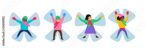 children boys and girls making snow angel  winter holidays vector illustration