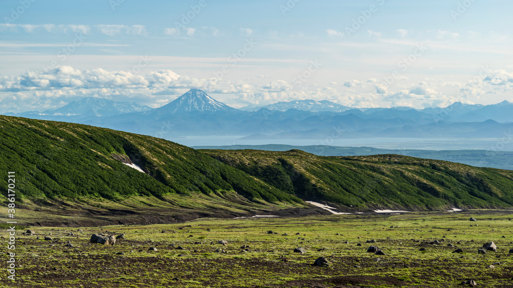 Kamchatka. Avachinsky pass view from the valley to Vilyuchinskaya hill. Summer