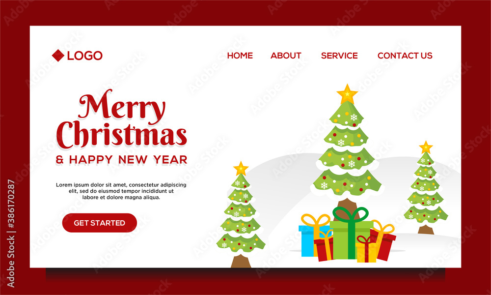 Merry Christmas and Happy New Year Landing page design template with Christmas tree