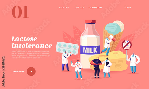Lactose Intolerance Landing Page Template. Man Feel Bad in Stomach Visit Hospital. Dairy Products Intolerant Character