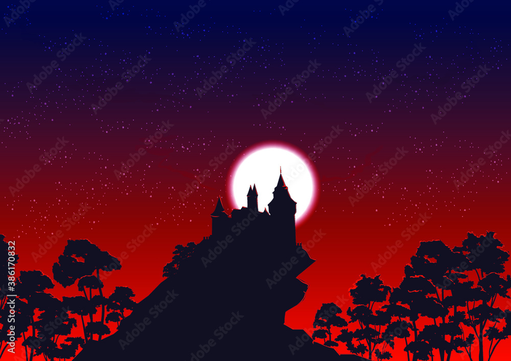 vector  illustration of the mysterious castle on the cliff in a dark forest, the bloody red night sky, and full moon
