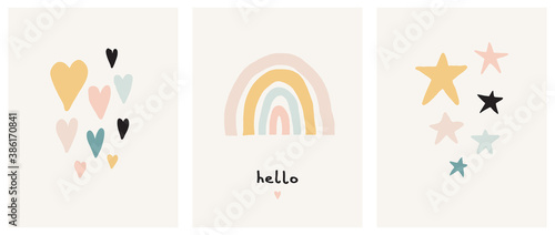 Simple Scandinavian Style Vector Illustration with Rainbow, Stars and Hearts. Lovely Nursery Art with Pastel Color Doodles Isolated on a Light Beige Background. Funny Infantile Style Print.