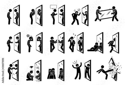 Man looking into a mirror stick figure pictogram icons. Vector artworks depict the concept of self reflection.