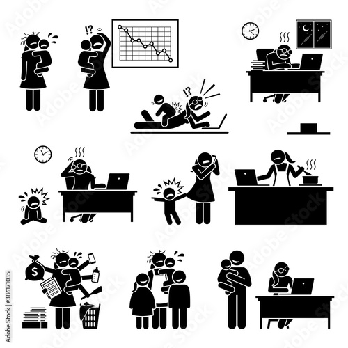 Fail work from home mom or mother. Vector illustrations of the difficulty of a mommy working at home because of the distraction from her baby or child.