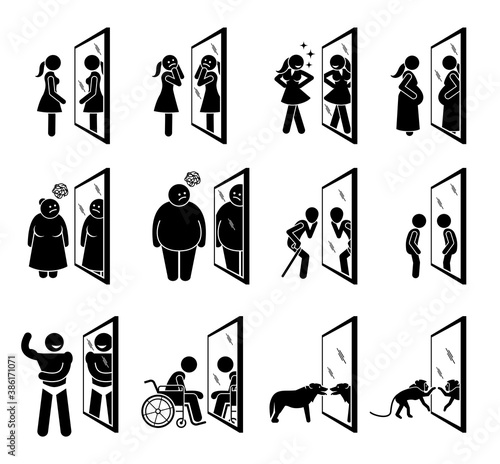 Different people looking into mirror of themselves. Vector illustrations of woman, overweight people, old man, child, muscular man, handicapped, dog, and monkey seeing a reflection of themselves.