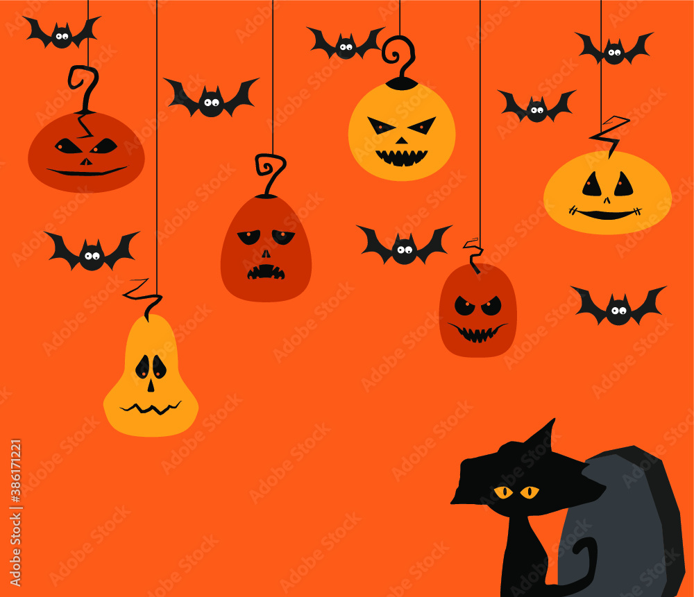 Fototapeta premium Halloween background with pumpkin, bats and black witch cat, vector illustration