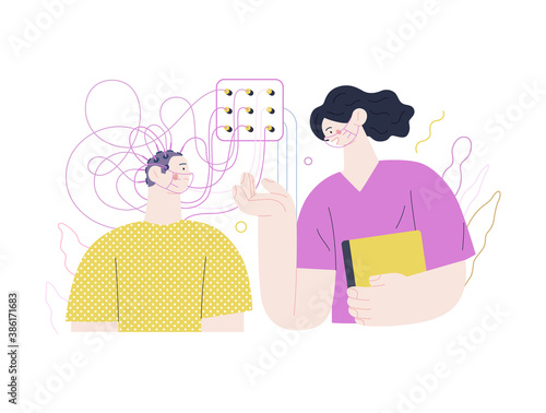 Medical tests illustration - EEG - electroencephalography - modern flat vector concept digital illustration of encephalography procedure - a patient with head electrodes and doctor in medical office
