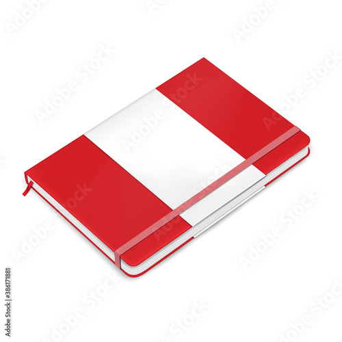 Closed hardcover notebook with ribbon bookmark and elastic closure strap, realistic vector illustration. Business diary with red blank hard cover isolated on white background photo